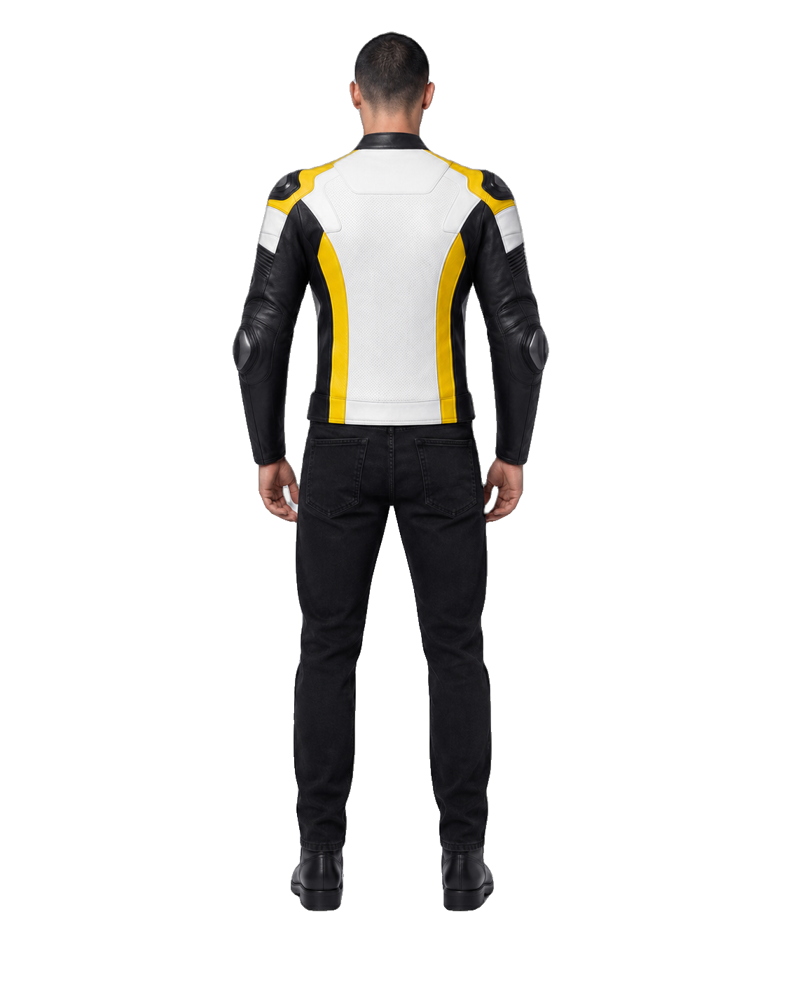 SolarRush R Leather Motorcycle Racing Jacket back view on male model with transparent background
