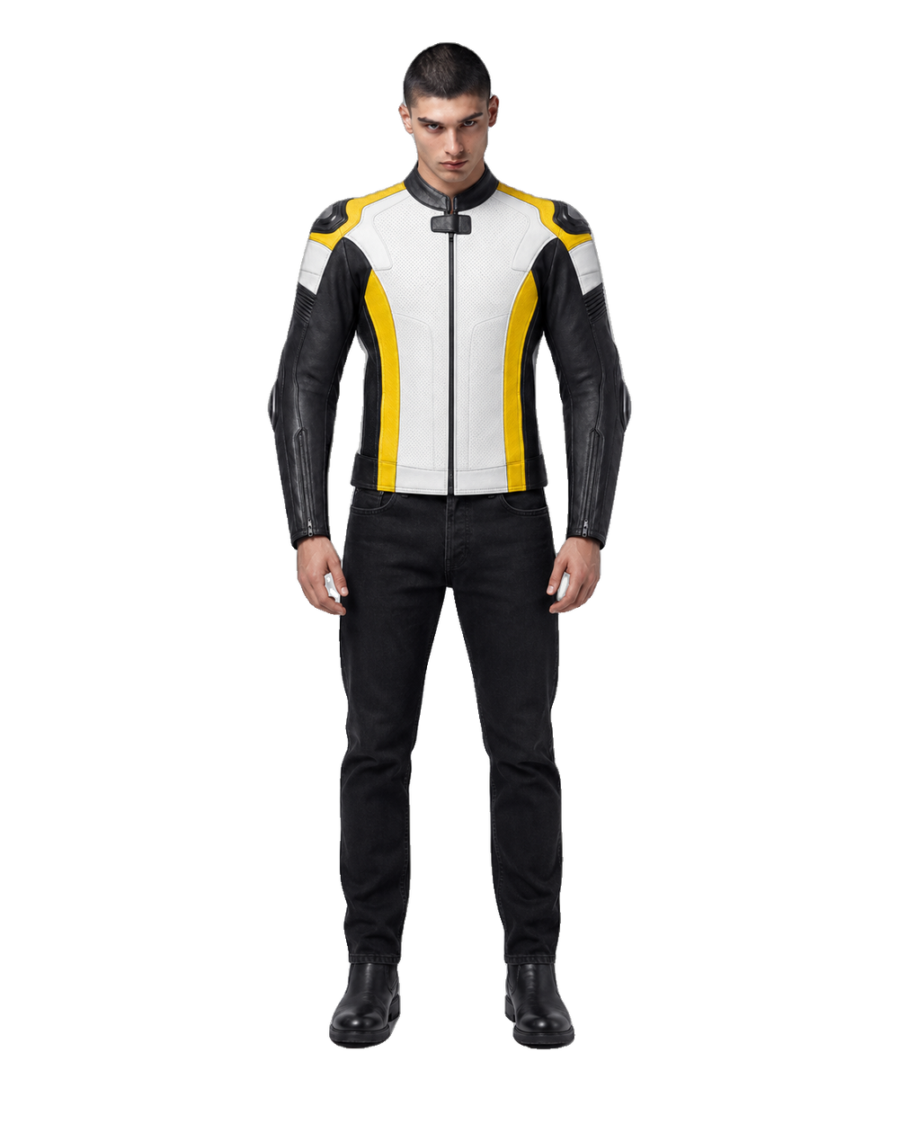 SolarRush R Leather Motorcycle Racing Jacket front view on male model with transparent background