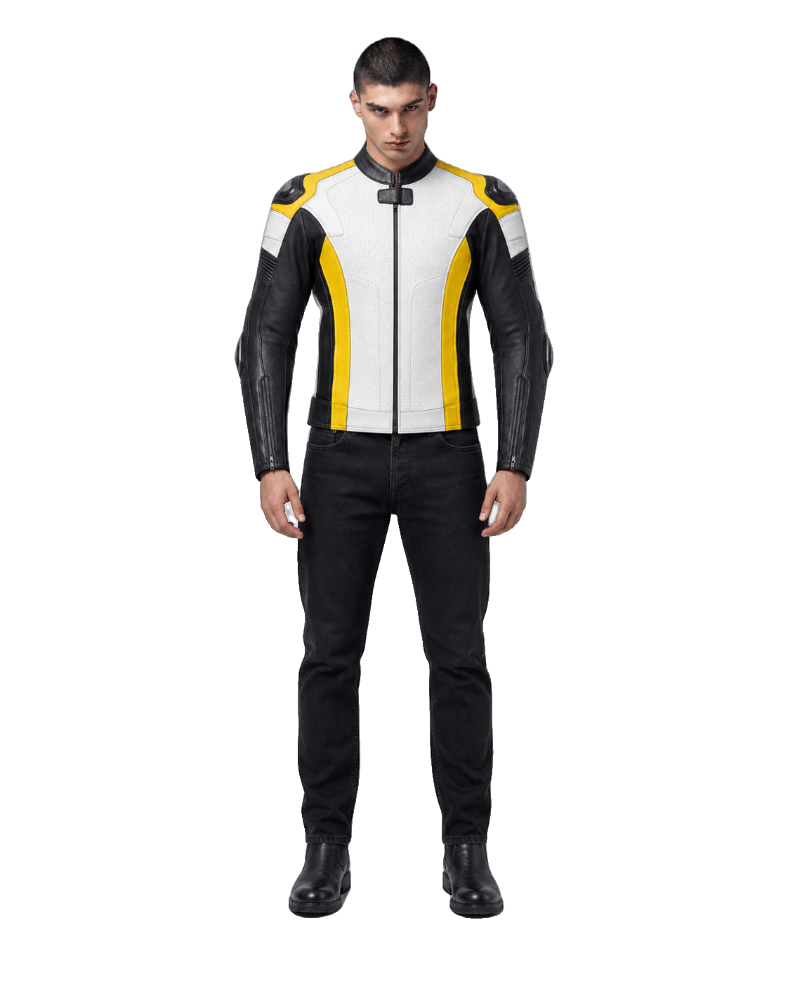 SolarRush R Leather Motorcycle Racing Jacket front view on male model with transparent background