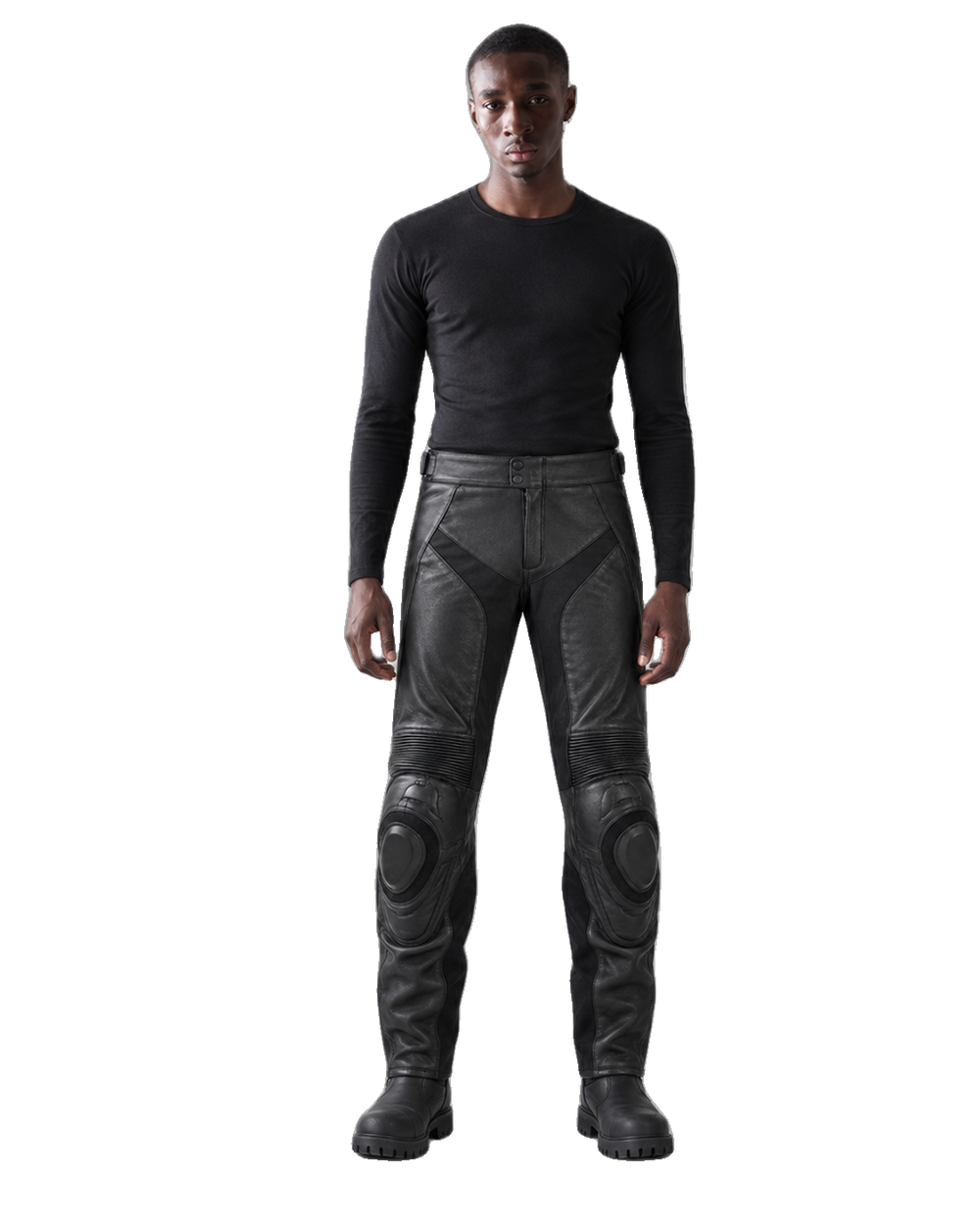 StealthRidge Leather Motorcycle Racing Pants front view on male model transparent background