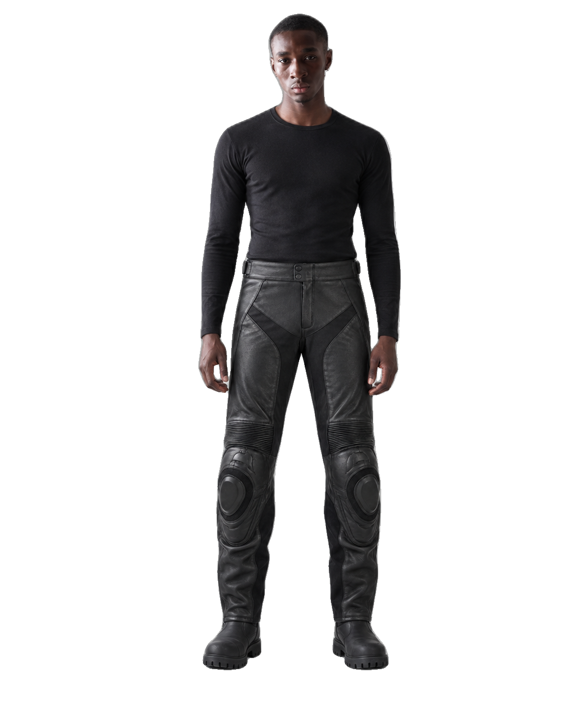 StealthRidge Leather Motorcycle Racing Pants front view on male model transparent background
