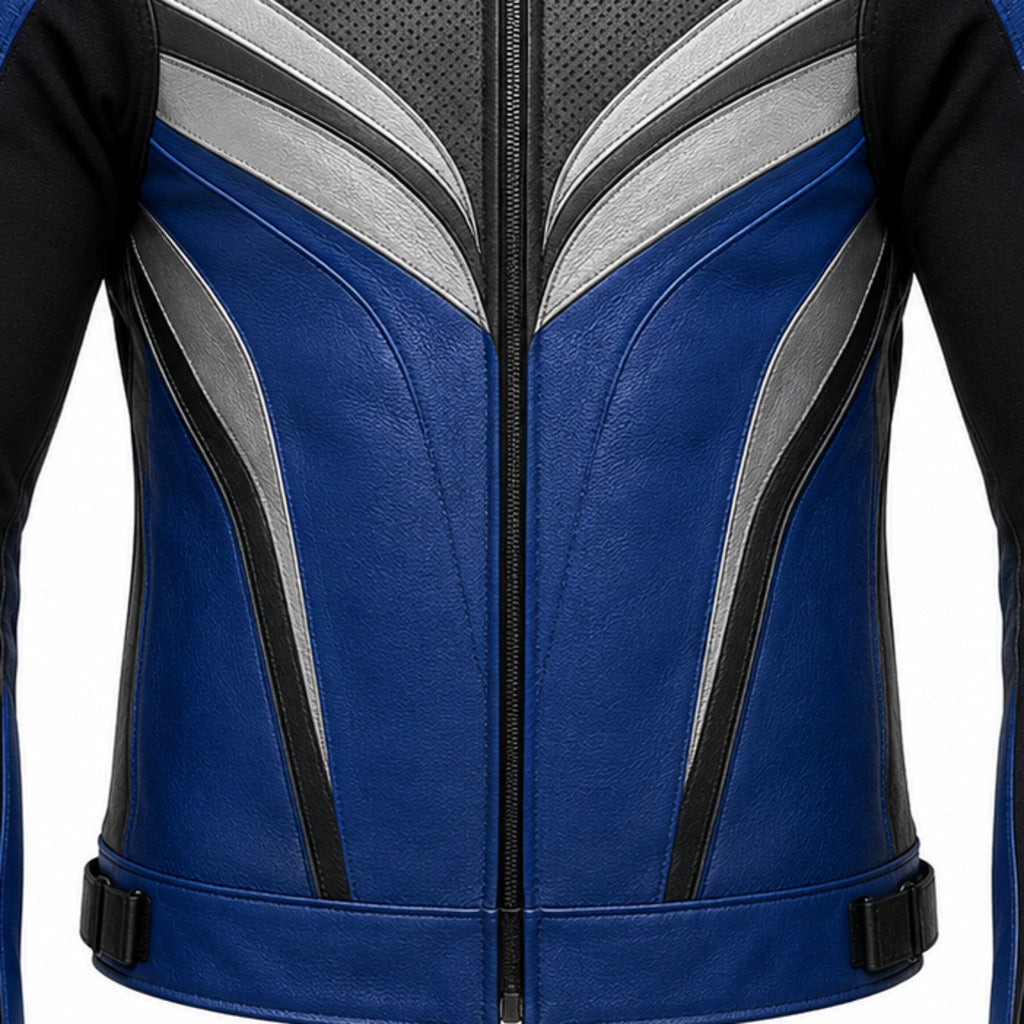 StealthRidge R Leather Motorcycle Racing Jacket leather panels stitching and hardware detail