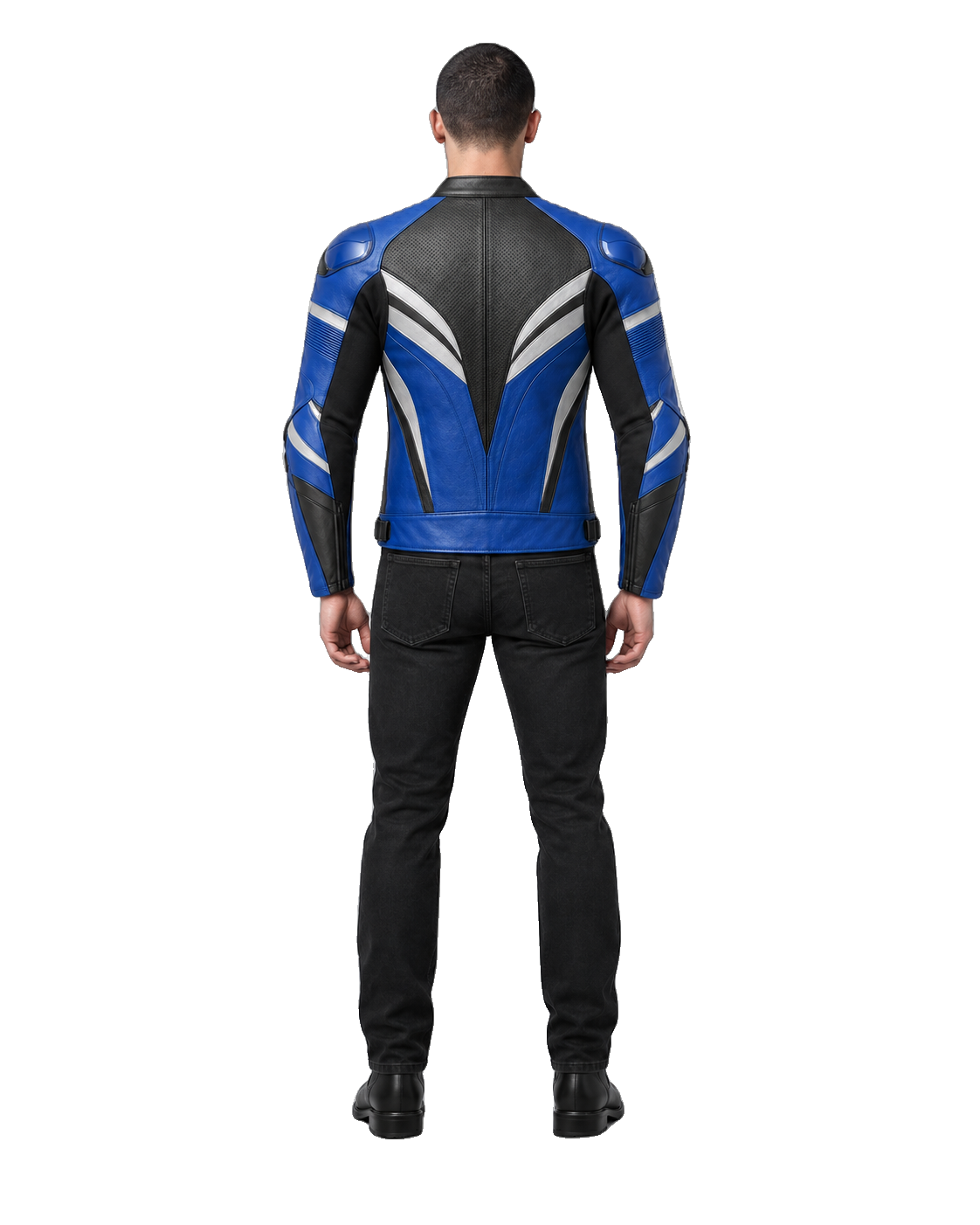StealthRidge R Leather Motorcycle Racing Jacket back view on male model with transparent background