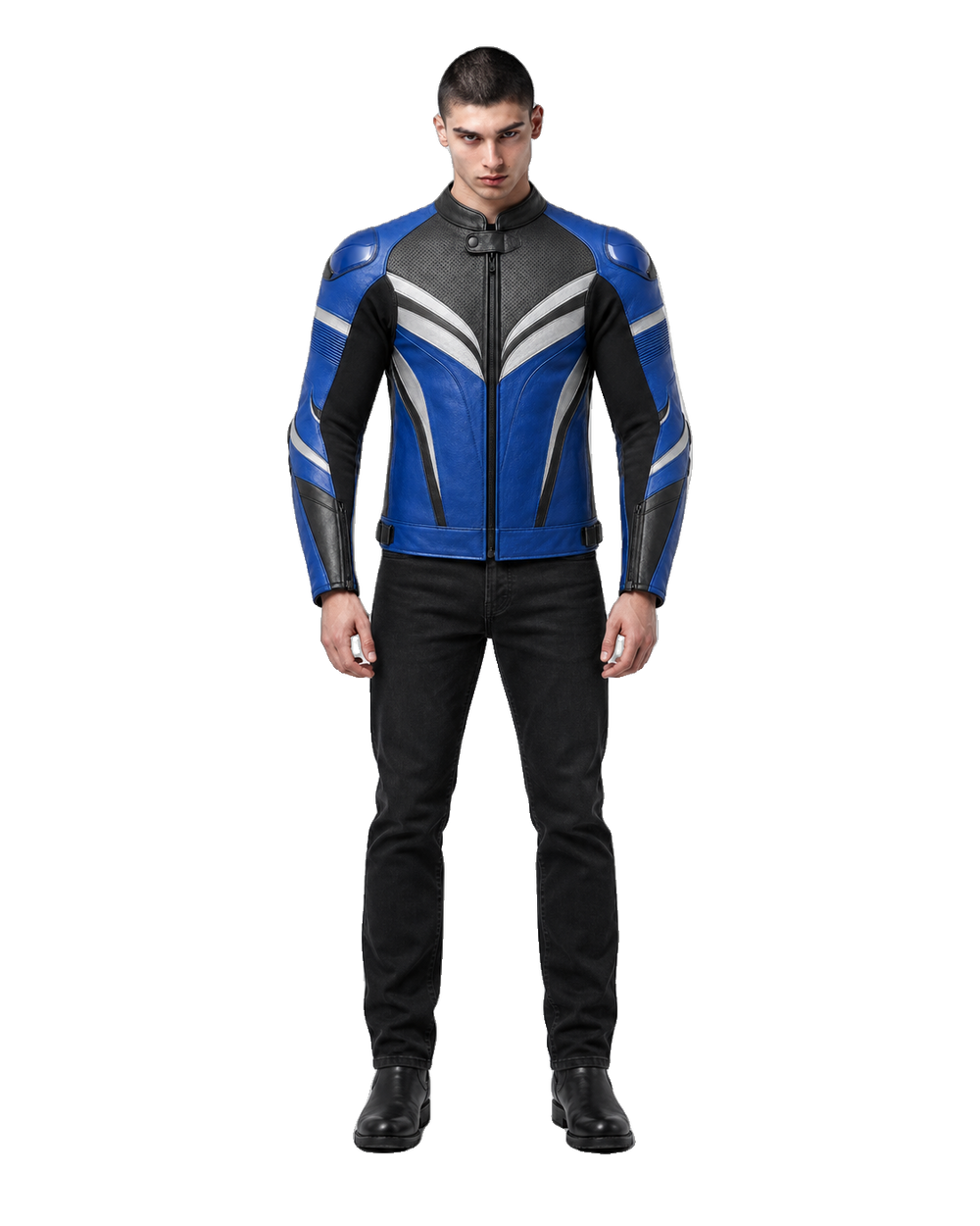 StealthRidge R Leather Motorcycle Racing Jacket front view on male model with transparent background