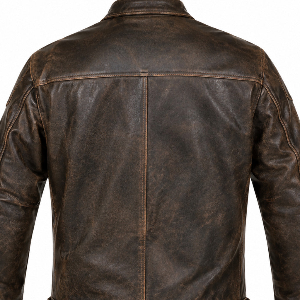 Stone Route Gray classic cruiser leather motorcycle jacket upper construction detail