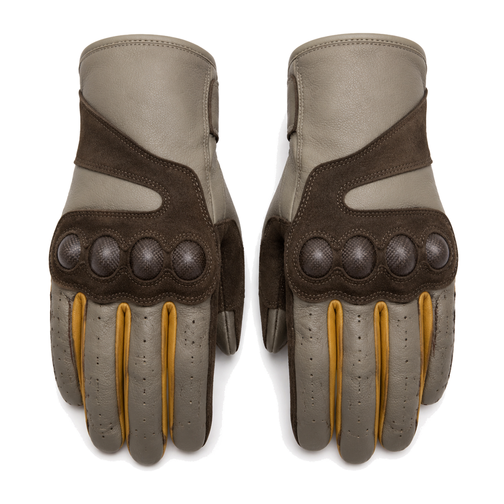StoneTrail taupe mustard street motorcycle gloves — full pair hero view