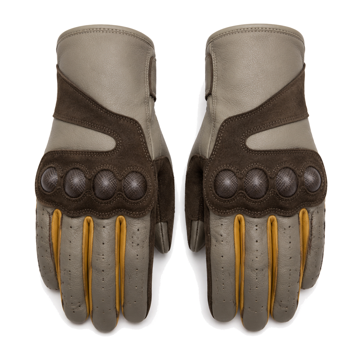 StoneTrail taupe mustard street motorcycle gloves — full pair hero view