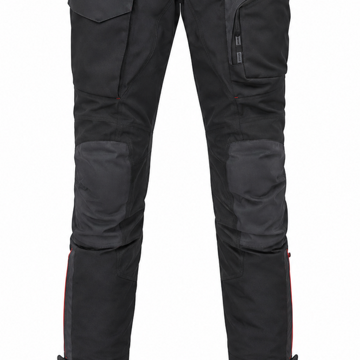 StormGrid black charcoal waterproof textile motorcycle pants — knee, lower-leg and cuff detail
