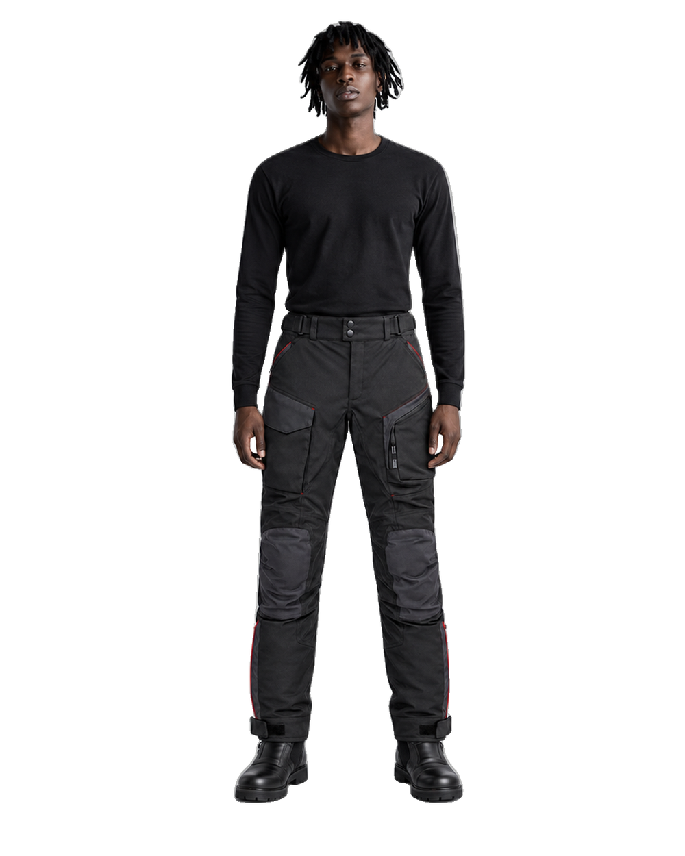 StormGrid Black Charcoal Waterproof Textile Motorcycle Pants front view on male model on transparent background