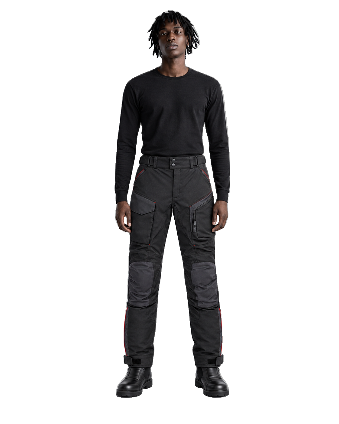 StormGrid Black Charcoal Waterproof Textile Motorcycle Pants front view on male model on transparent background