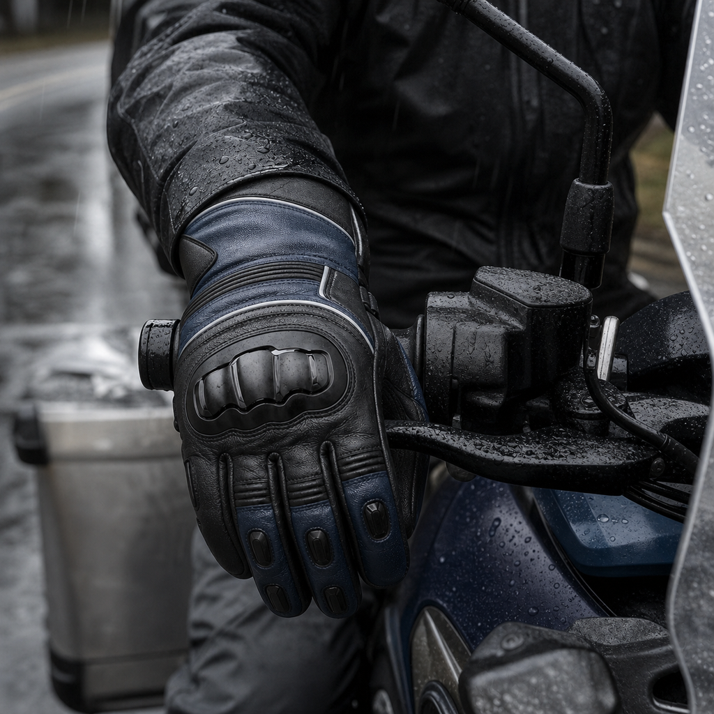 Touring rider wearing Stormguard waterproof motorcycle gloves