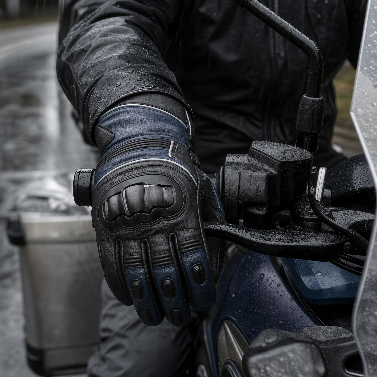 Touring rider wearing Stormguard waterproof motorcycle gloves