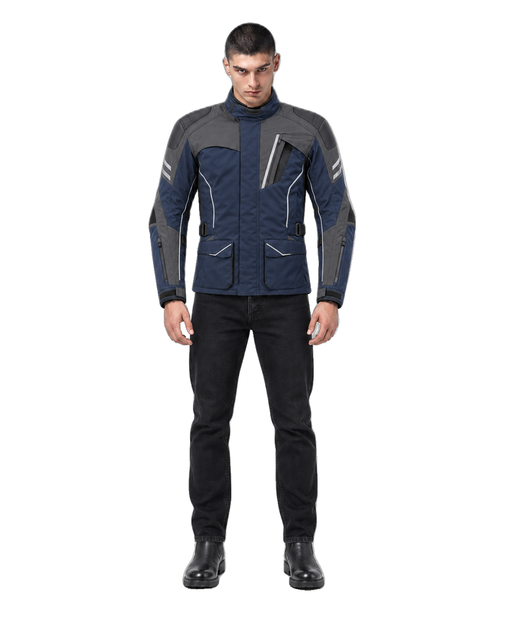 Stormhaven Pro All-Season Motorcycle Jacket front view on male model with transparent background