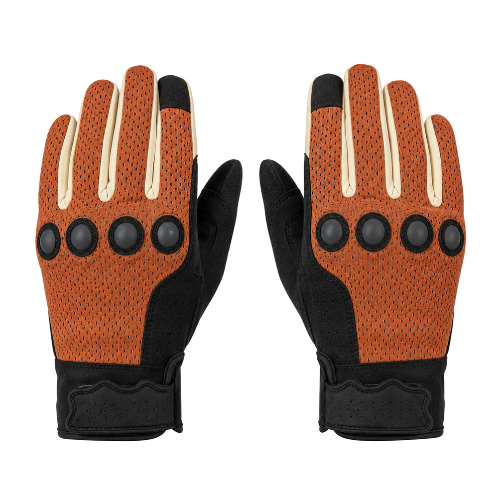 Retro mesh motorcycle gloves in rust orange black and cream, pair on white background