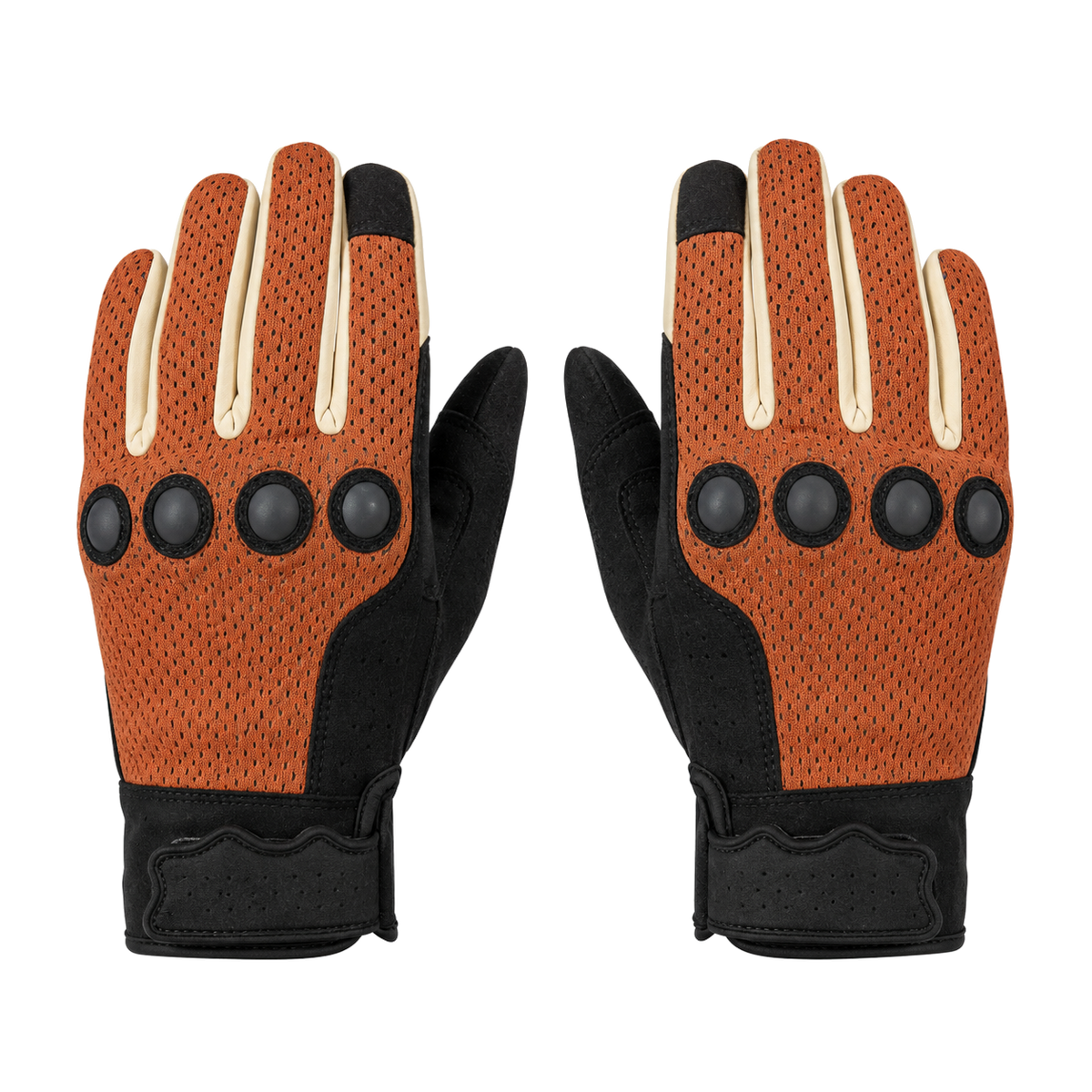 Retro mesh motorcycle gloves in rust orange black and cream, pair on white background