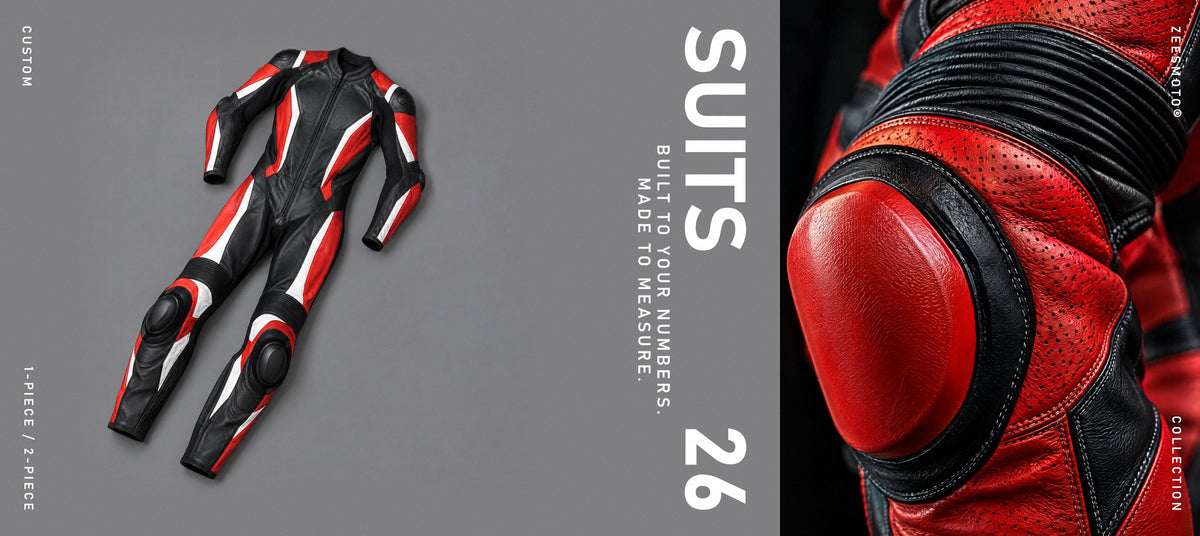 Black, red and white leather racing suit laid flat beside a close-up of a red knee slider, with SUITS 26 poster type