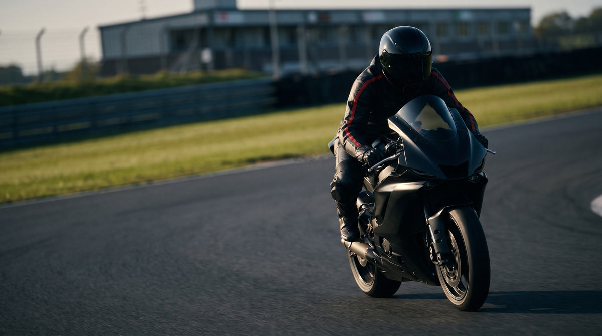 Rider in a black leather one-piece racing suit driving out of a racetrack corner