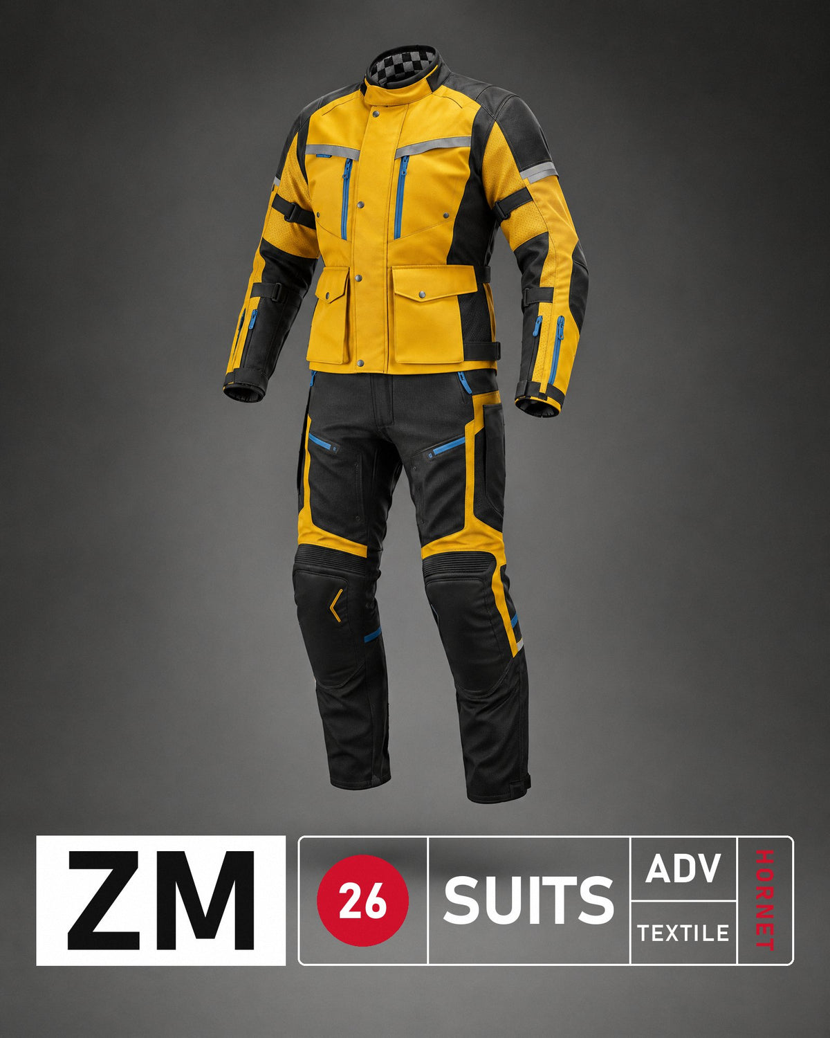 Hornet ADV yellow and black adventure textile suit on grey with a SUITS 26 badge strip