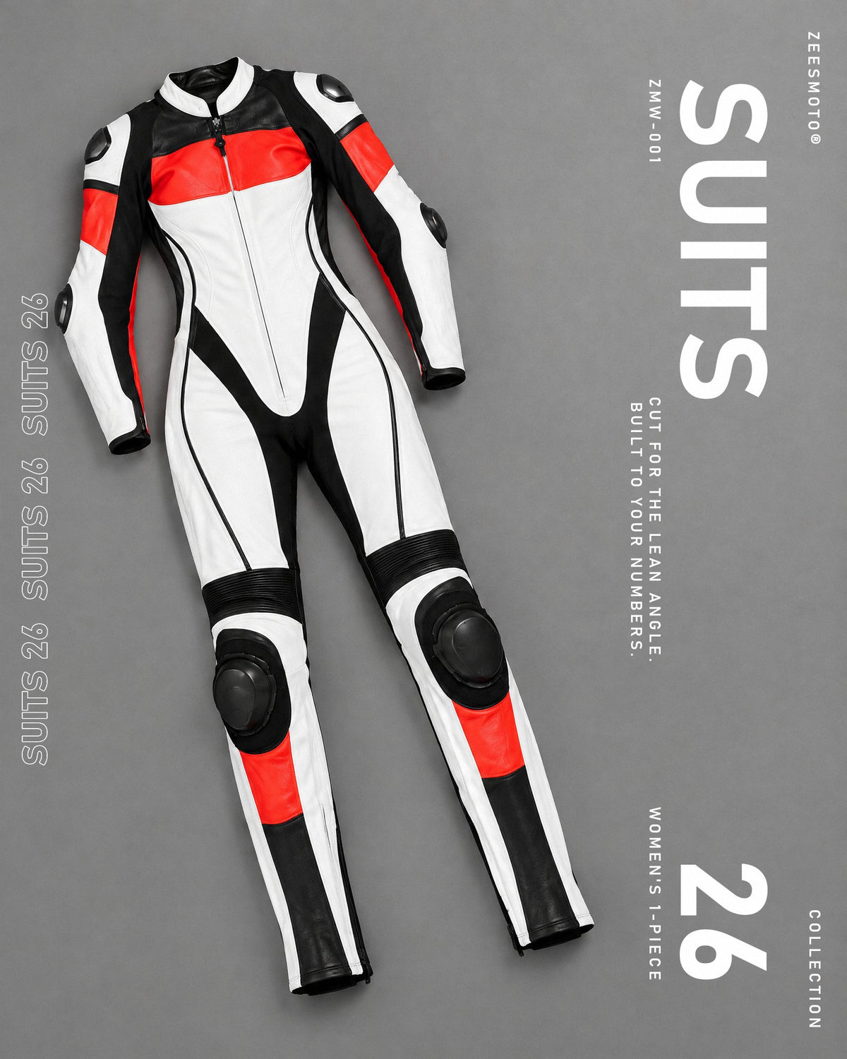 ZMW-001 women's white, red and black leather racing suit on grey with SUITS 26 poster type