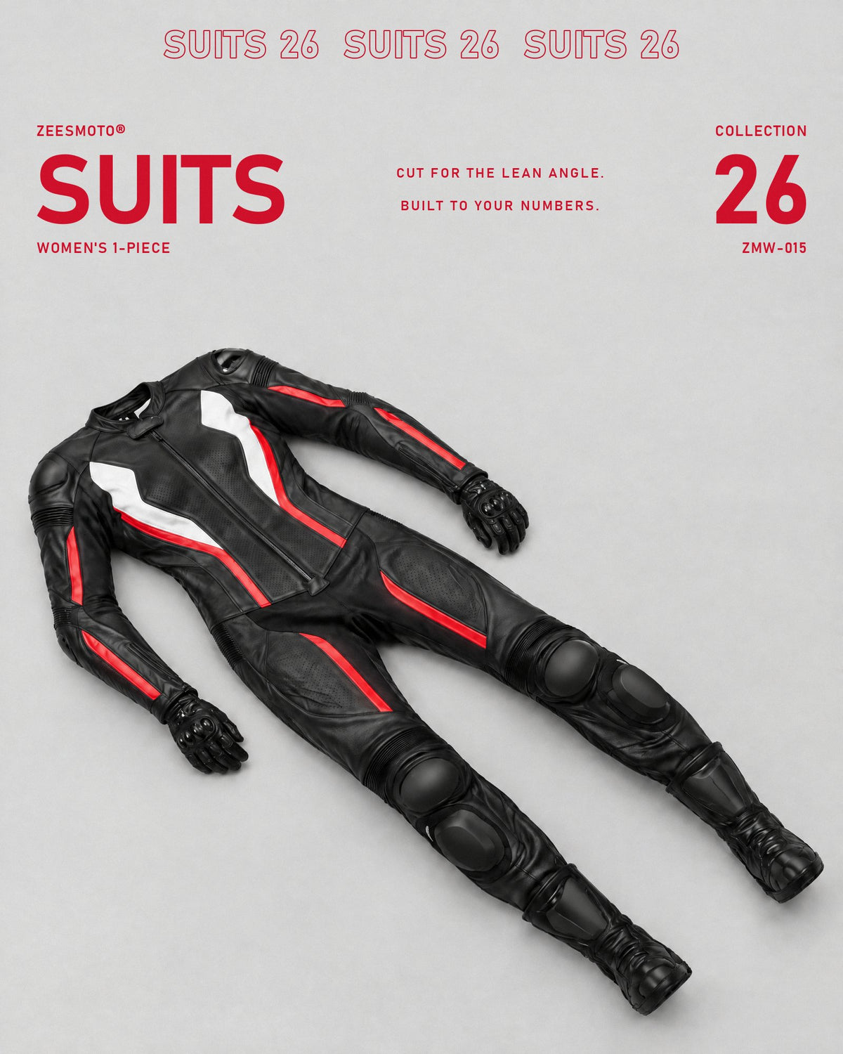 ZMW-015 women's black leather racing suit with red accents on light grey with SUITS 26 poster type