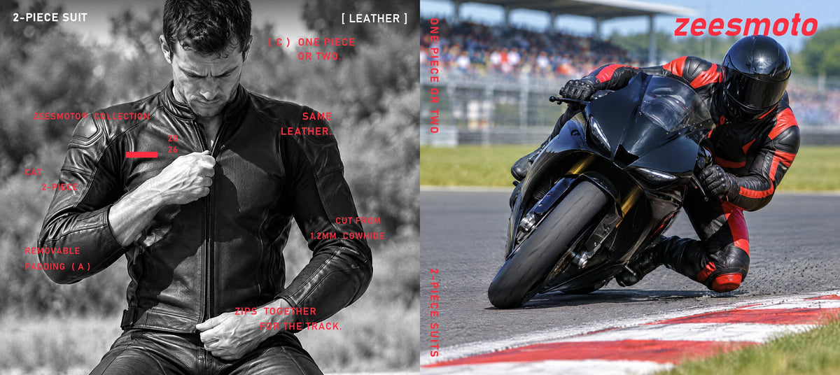 Black and white photo of a racer zipping a leather two-piece suit beside a rider knee-down on track