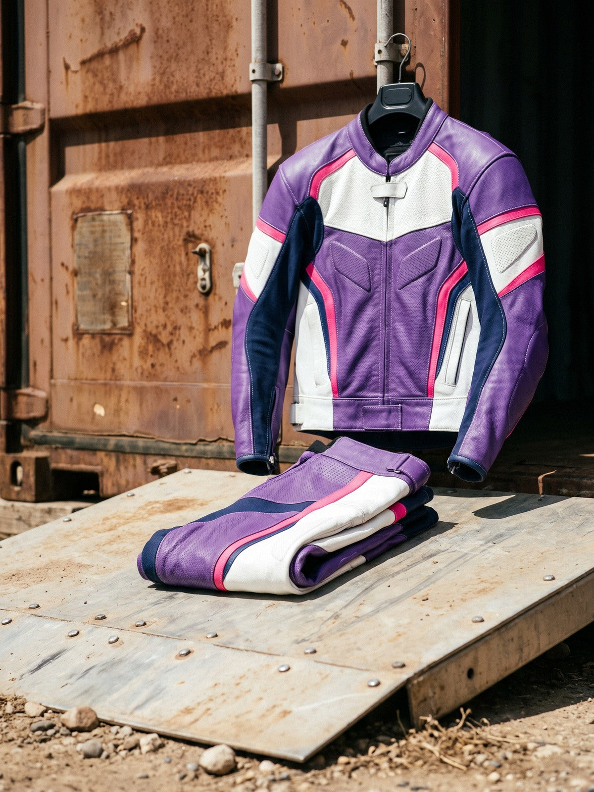 Purple, white and pink two-piece leather suit hanging beside a rusty container above a steel ramp