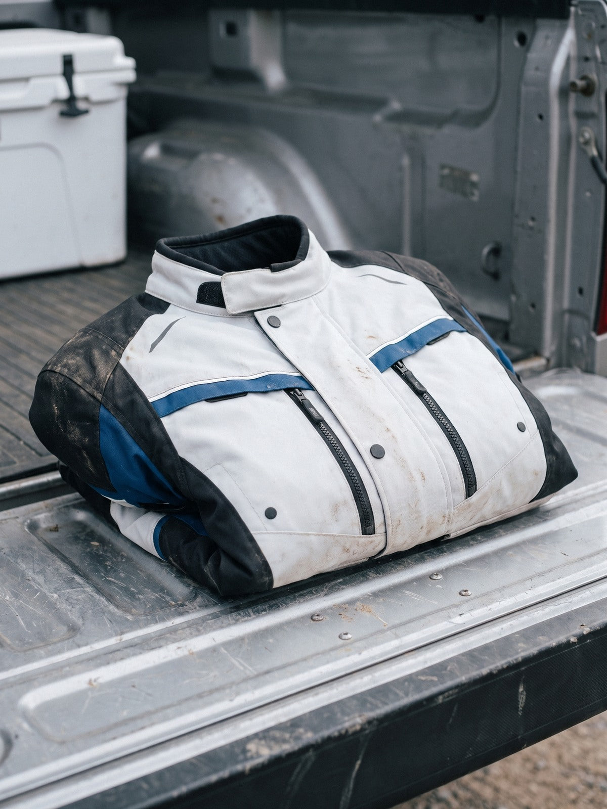 White, grey and blue adventure textile jacket folded on a pickup truck bed