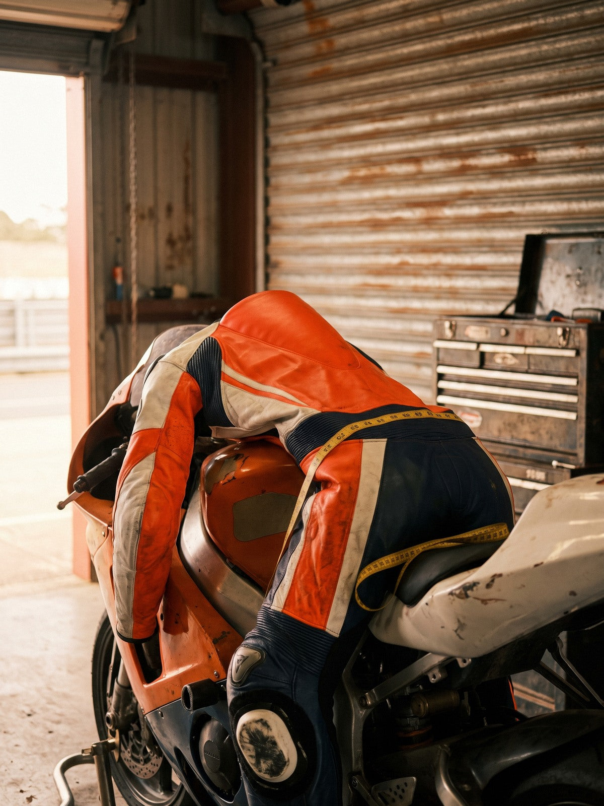 Orange, white and navy custom leather suit with a tape measure draped over a race bike in a pit garage