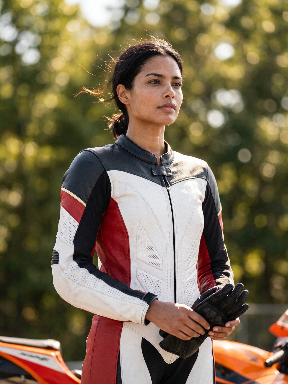 Woman racer in a white, red and black one-piece leather racing suit in a sunlit paddock