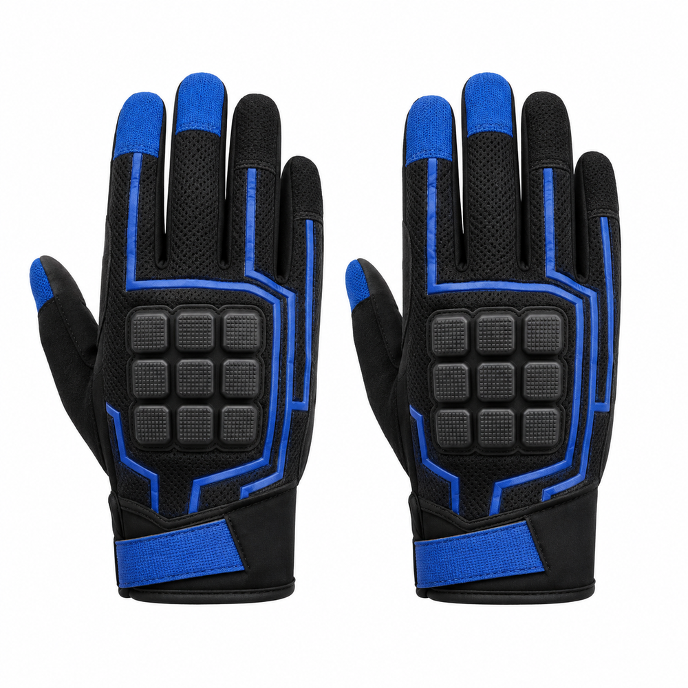 Touchscreen mesh motorcycle gloves in black and electric blue, pair on white background