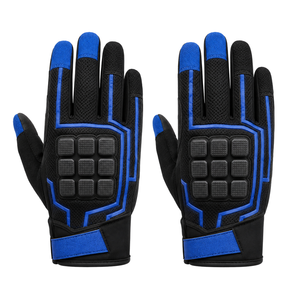 Touchscreen mesh motorcycle gloves in black and electric blue, pair on white background