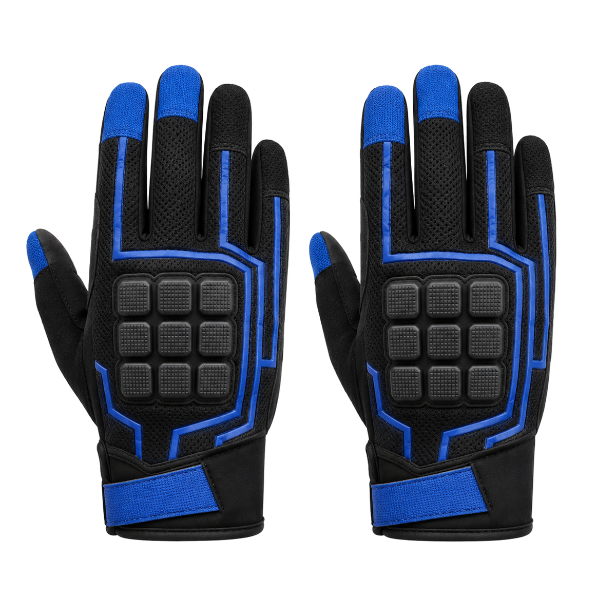 Touchscreen mesh motorcycle gloves in black and electric blue, pair on white background