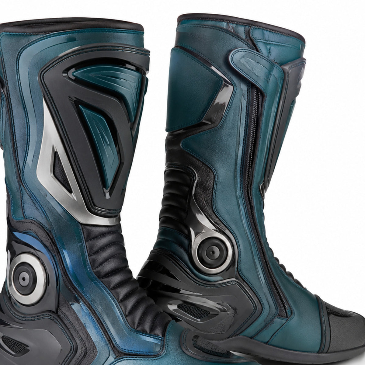 Teal Pulse Technical Racing Motorcycle Boots – shin closure detail – Deep Teal / Charcoal / Silver