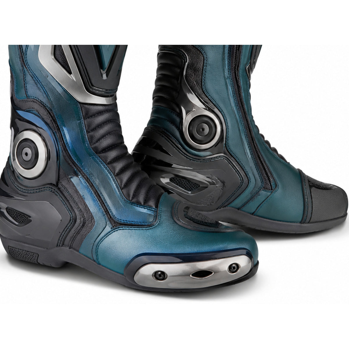 Teal Pulse Technical Racing Motorcycle Boots – toe ankle sole detail – Deep Teal / Charcoal / Silver