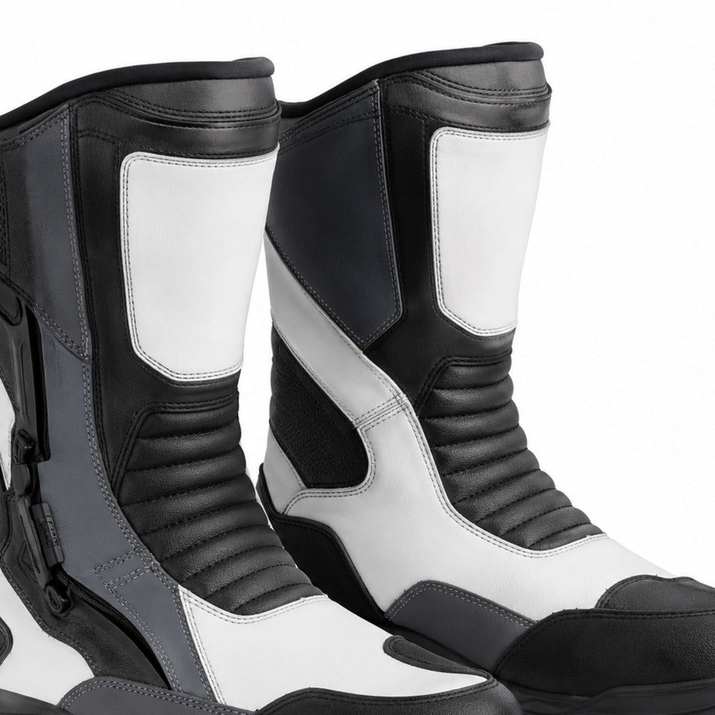 TealVoyage touring motorcycle boots shaft closure and construction detail
