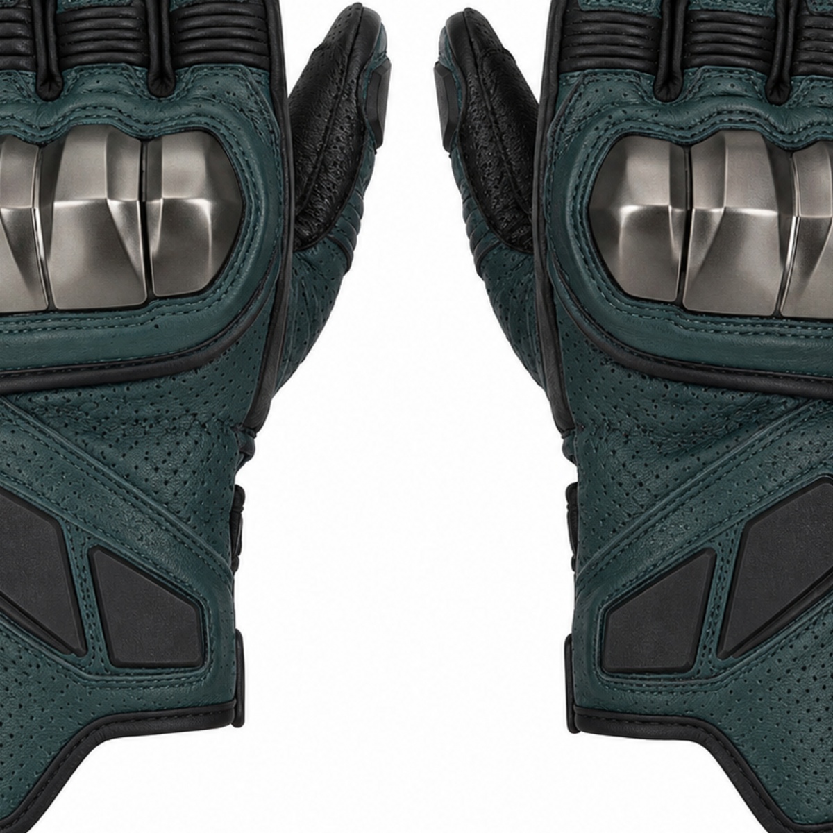 TealForge teal titanium street motorcycle gloves — cuff and backhand construction detail