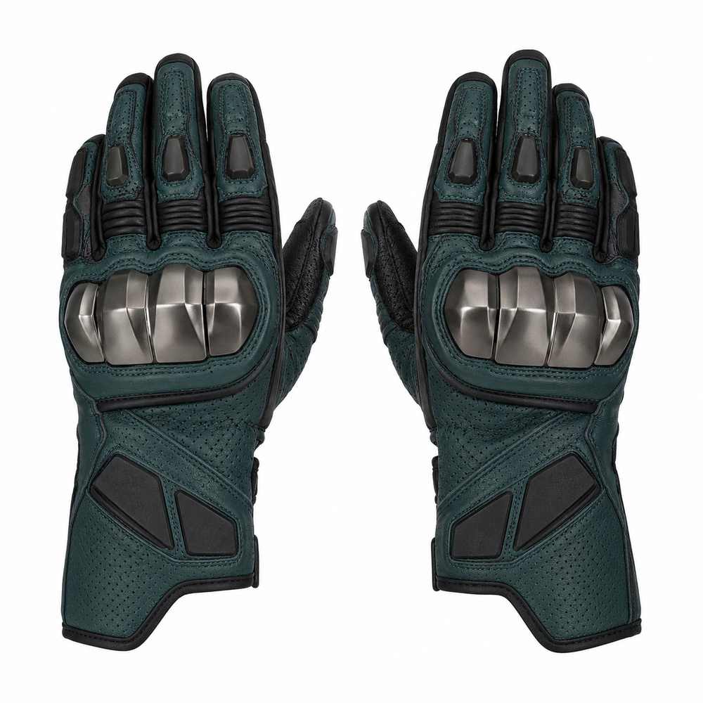 TealForge teal titanium street motorcycle gloves — full pair hero view