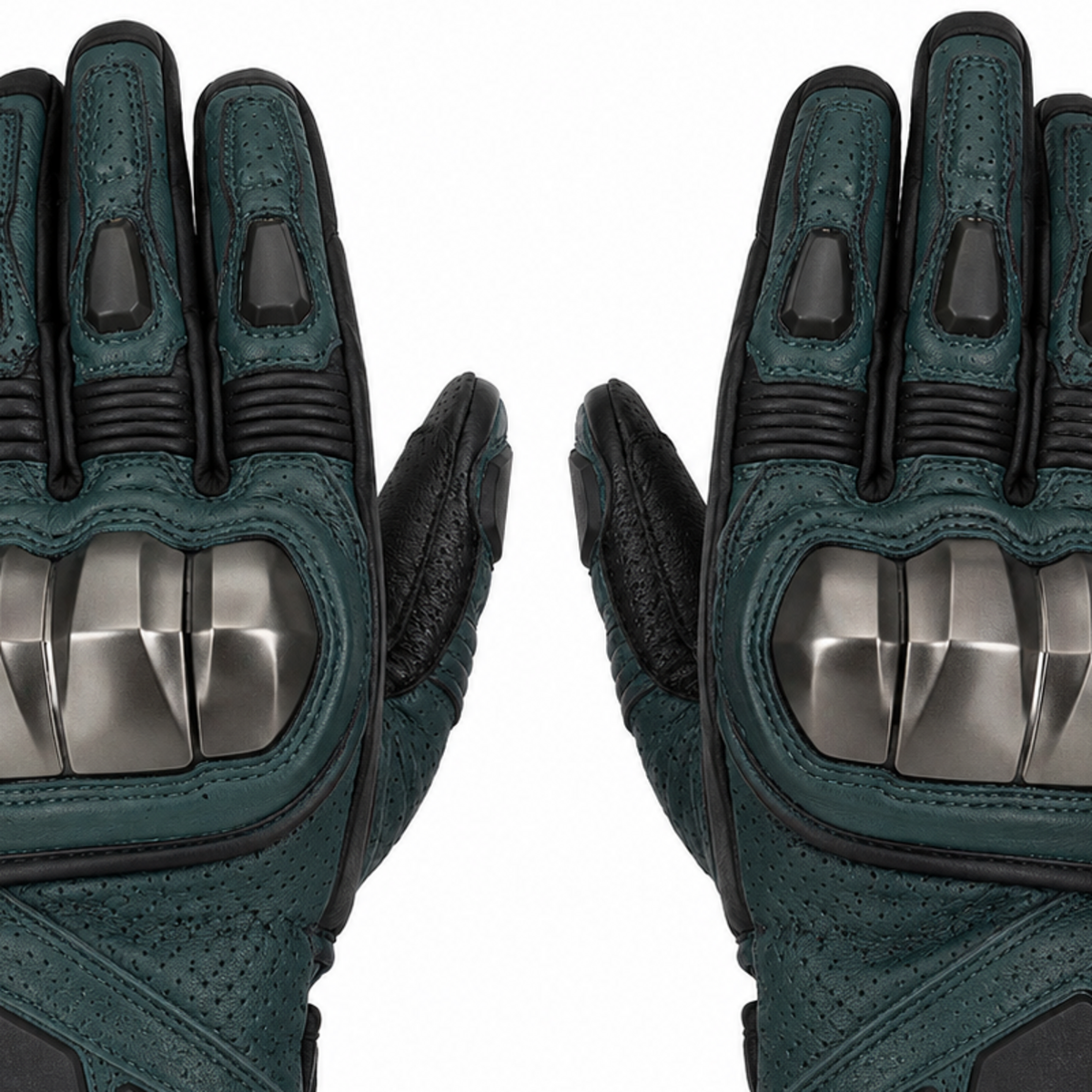 TealForge teal titanium street motorcycle gloves — knuckle and finger construction detail