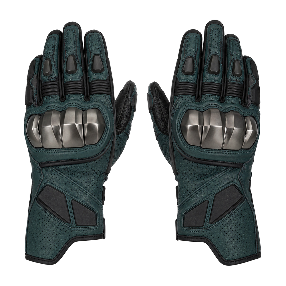 TealForge teal titanium street motorcycle gloves — full pair hero view