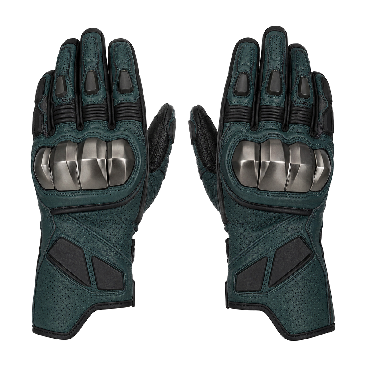 TealForge teal titanium street motorcycle gloves — full pair hero view