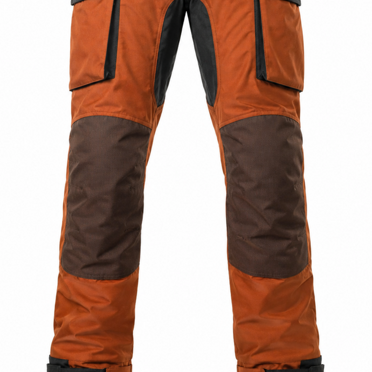 TerraQuest rust brown waterproof textile motorcycle pants — knee, lower-leg and cuff detail