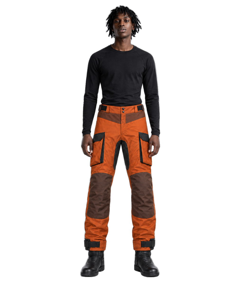 TerraQuest Rust Brown Waterproof Textile Motorcycle Pants front view on male model on transparent background
