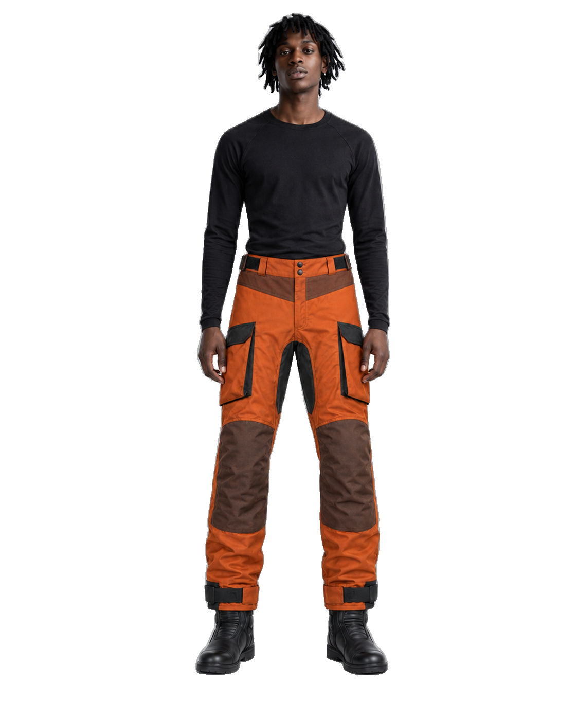 TerraQuest Rust Brown Waterproof Textile Motorcycle Pants front view on male model on transparent background
