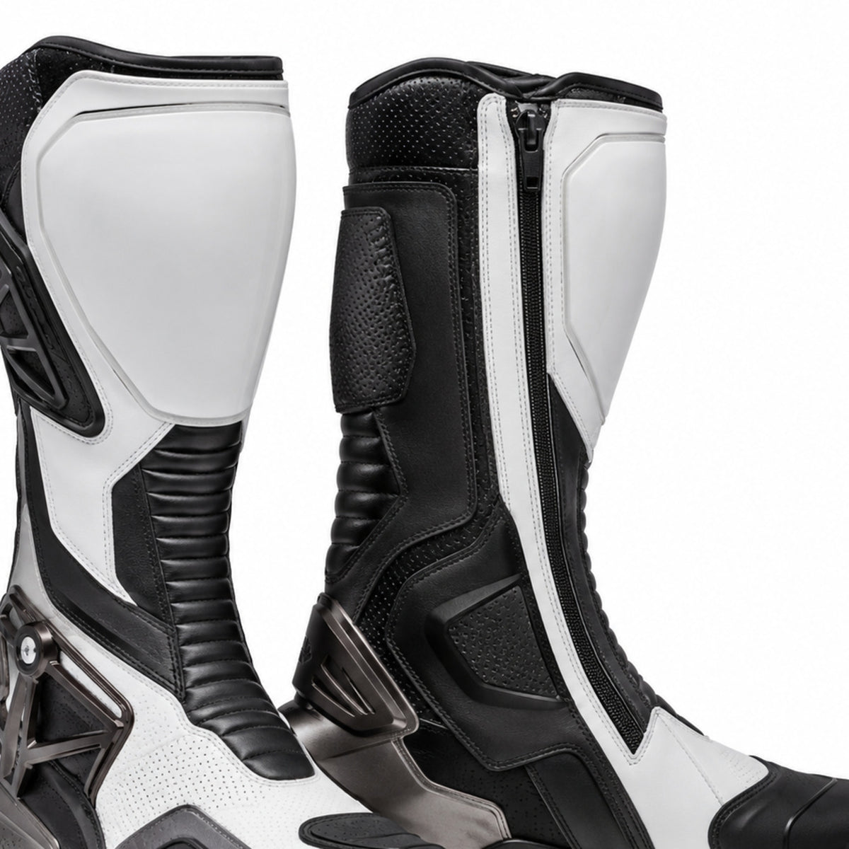 Titan Mono White Racing Motorcycle Boots – shin closure detail – White / Black / Gunmetal