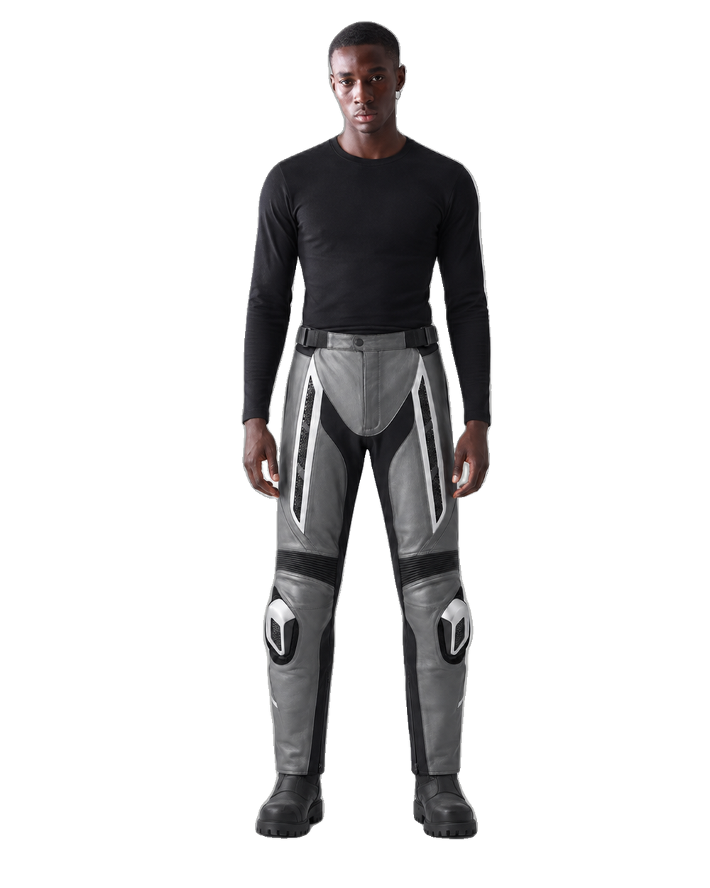 TitanFlow Leather Motorcycle Racing Pants front view on male model transparent background