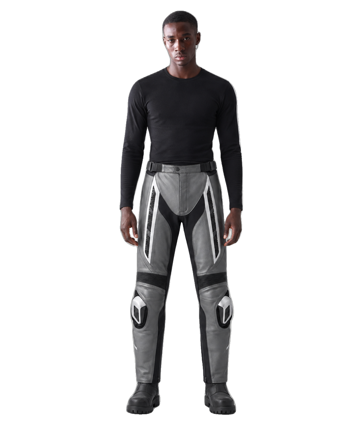 TitanFlow Leather Motorcycle Racing Pants front view on male model transparent background