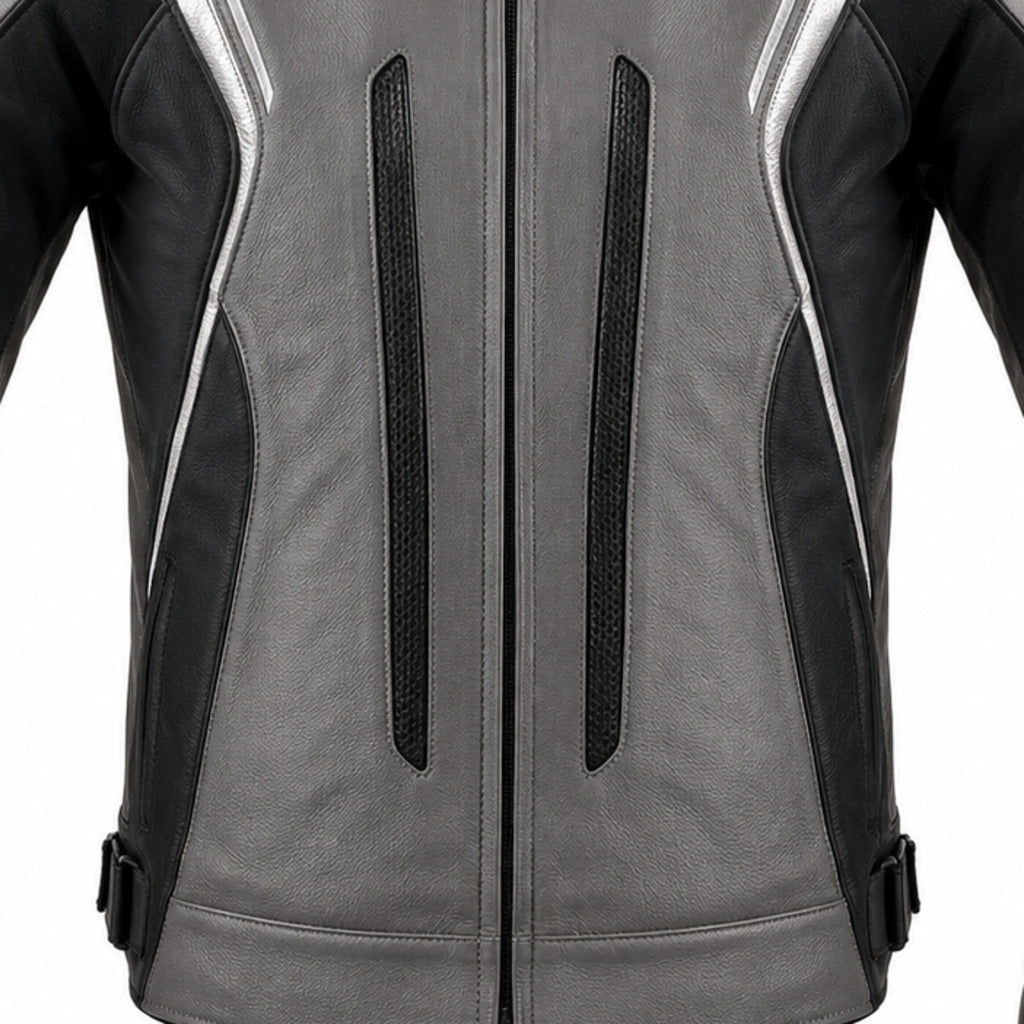TitanFlow R Leather Motorcycle Racing Jacket leather panels stitching and hardware detail