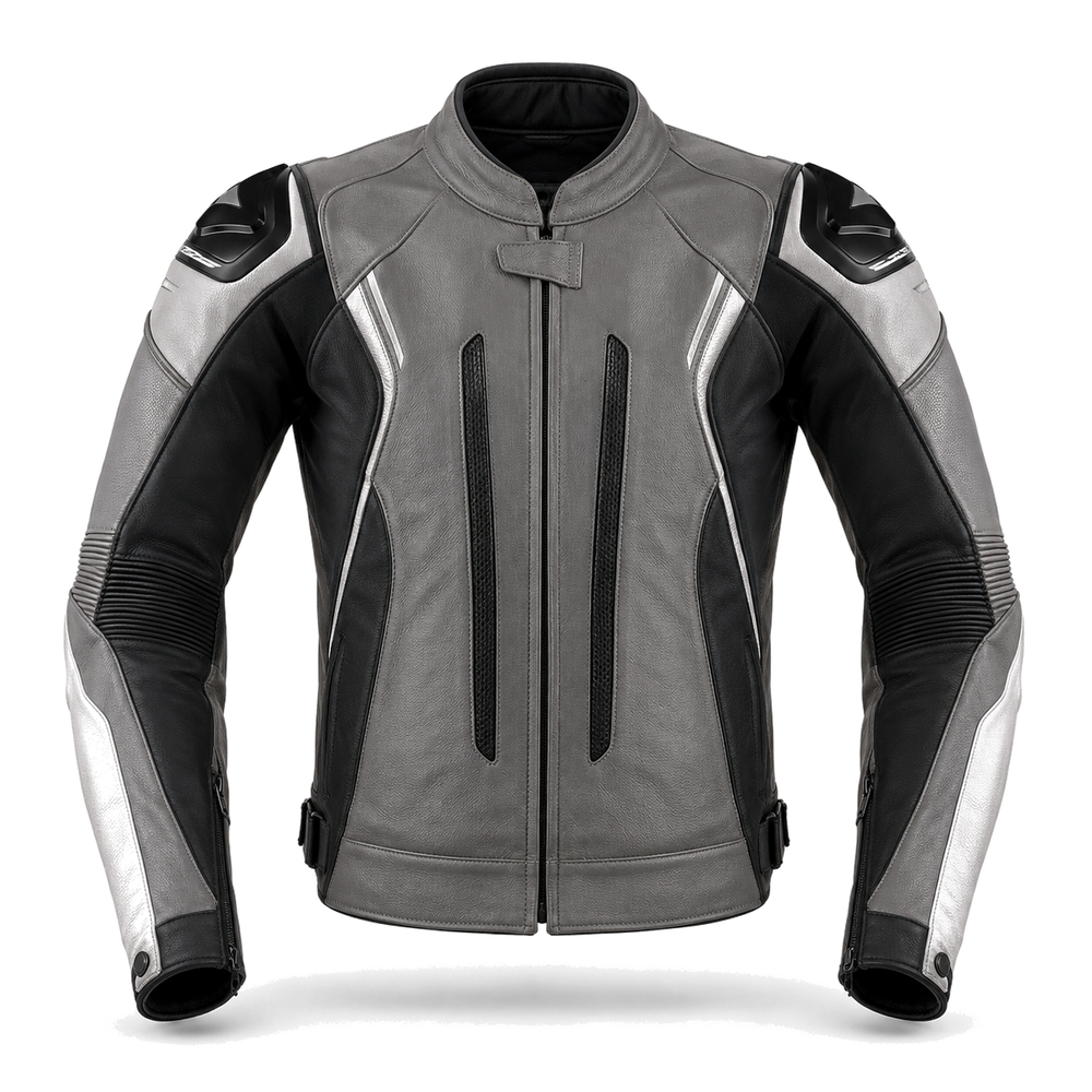 TitanFlow R original gray leather racing jacket front view