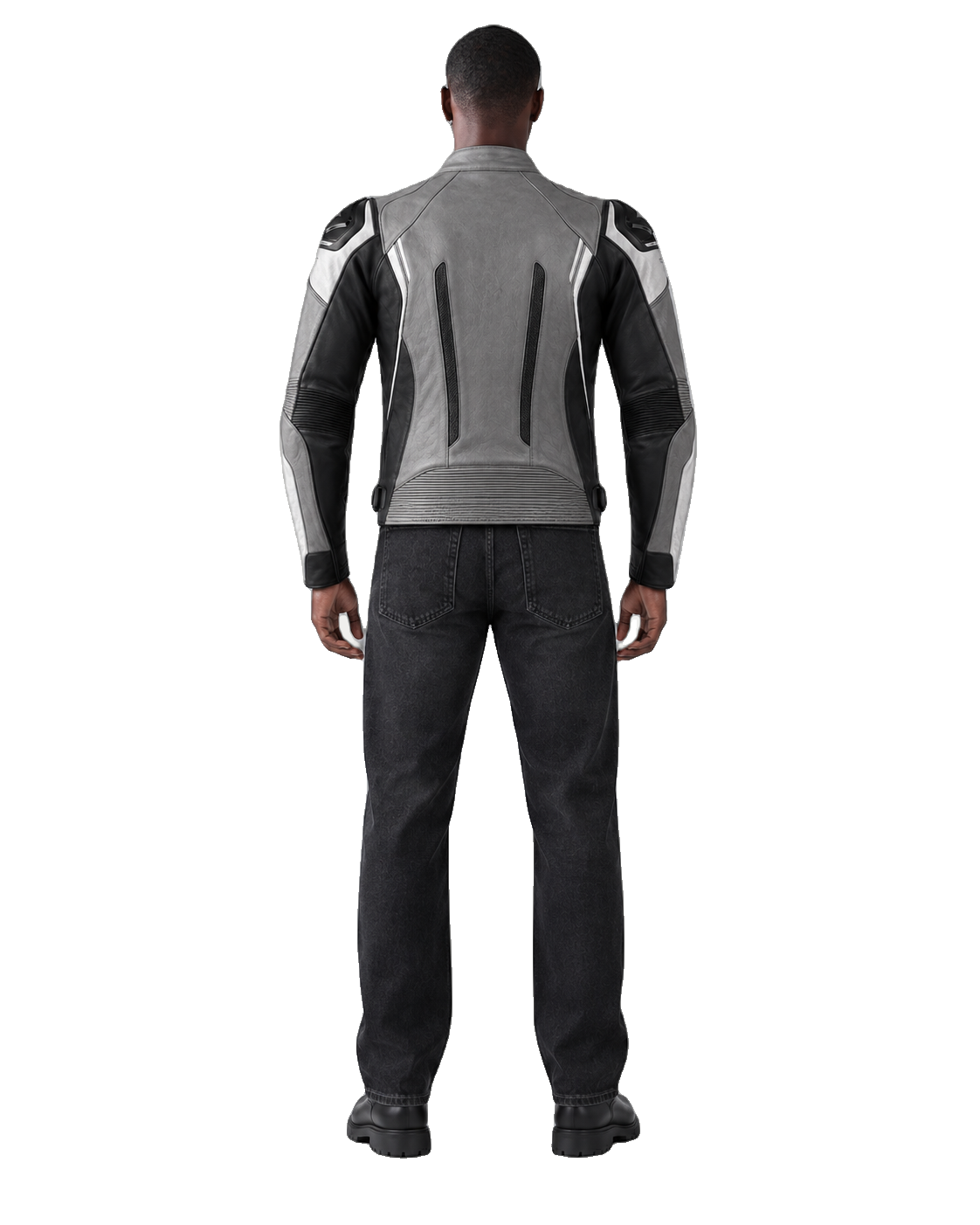 TitanFlow R Leather Motorcycle Racing Jacket back view on male model with transparent background
