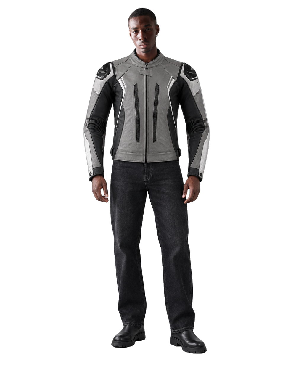 TitanFlow R Leather Motorcycle Racing Jacket front view on male model with transparent background